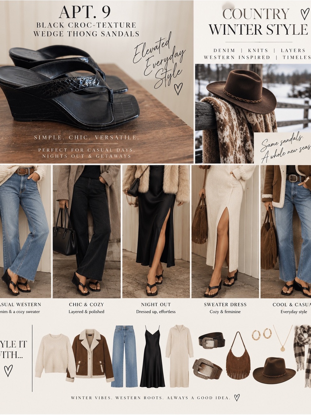 Black Croc-Texture Wedge Thong Sandals